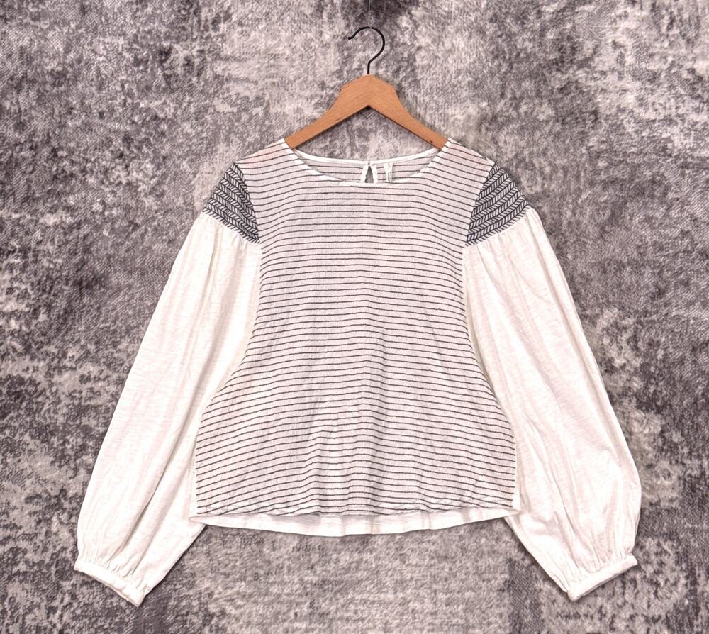 New Anthropologie Top Medium Womens White Smocked Cotton Blouse